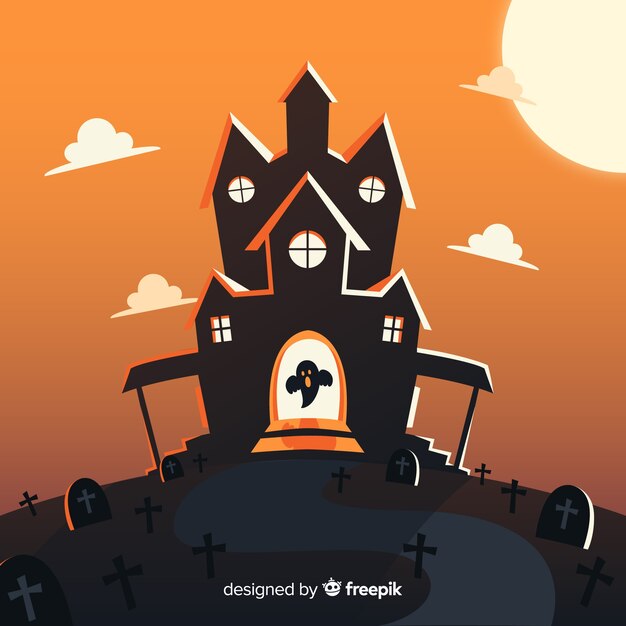 Vector gratuito casa encantada de halloween con diseño plano