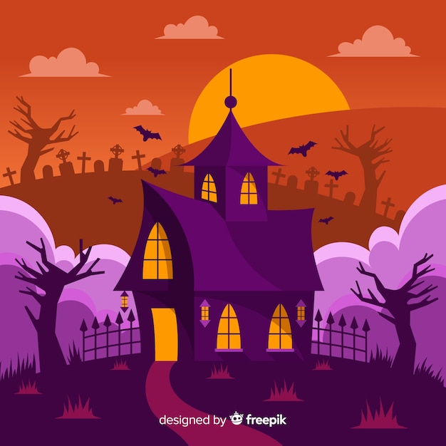 Vector gratuito casa encantada de halloween con diseño plano