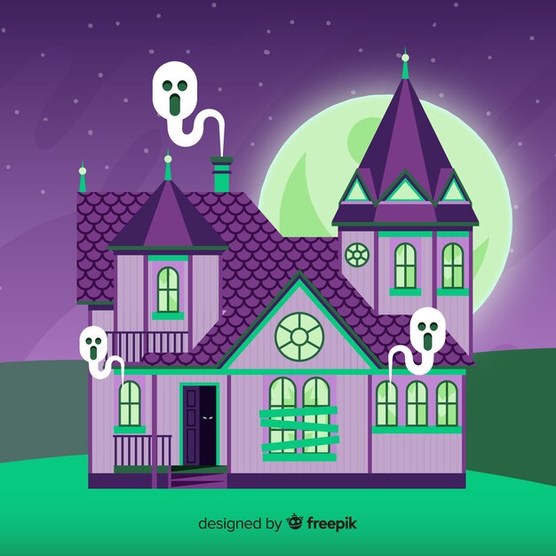 Vector gratuito casa encantada de halloween con diseño plano