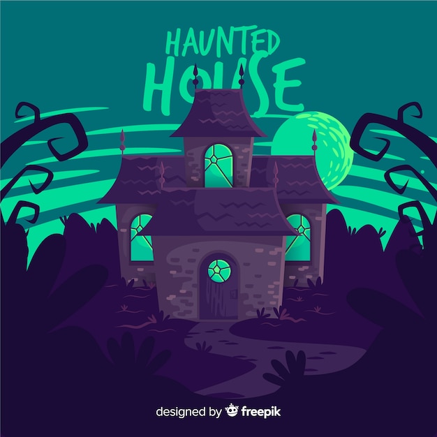 Vector gratuito casa encantada de halloween con diseño plano