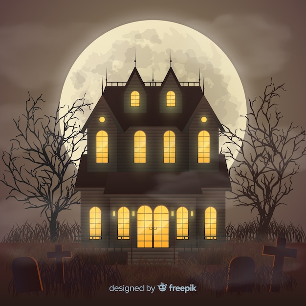 Vector gratuito casa encantada de halloween con diseño realista