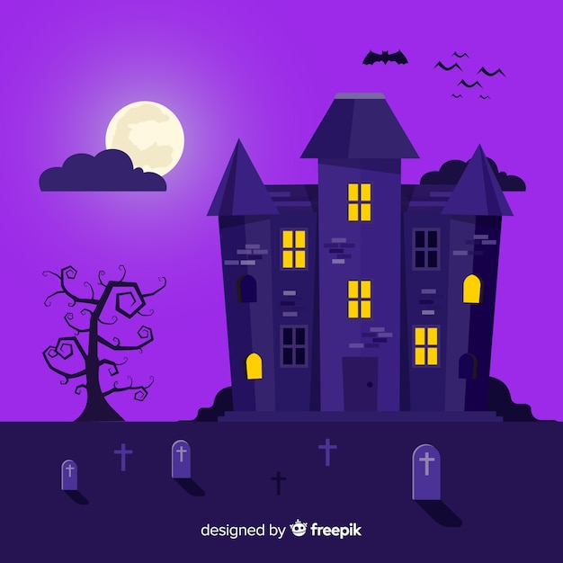 Vector gratuito casa encantada de halloween espeluznante con diseño plano