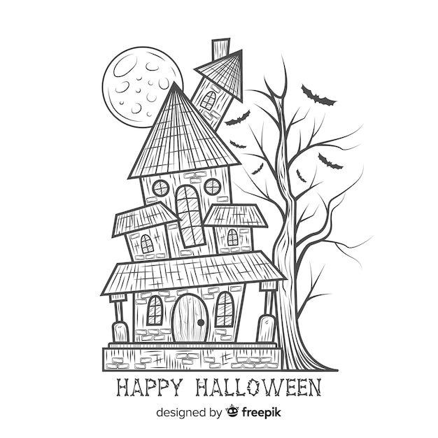 Casa encantada de halloween terrorífica dibujada a mano