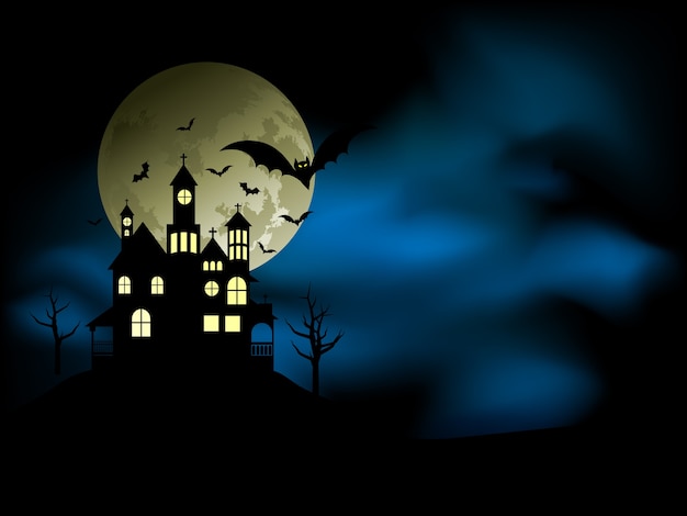 Vector gratuito casa espeluznante con un cielo nocturno inquietante y murciélagos