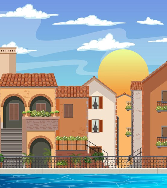 Casa de estilo de ciudad de Italia y paisaje de construcción