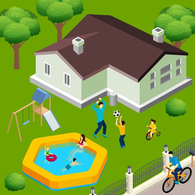 Casa familiar con familia jugando