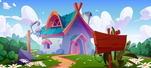 Casa de fantasía con jardín en el dibujo animado de la aldea mágica