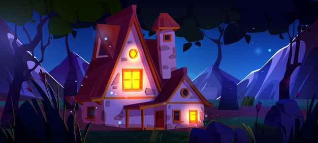 Casa en el fondo del paisaje del vector del bosque nocturno Cabaña cerca del valle de la montaña en la escena panorámica de viajes al aire libre del claro Entorno de dibujos animados de la ubicación del juego misterioso Ilustración oscura con cabaña en los alpes