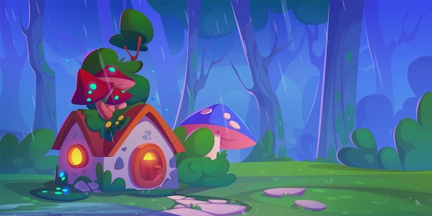 Vector gratuito casa de gnomos en el bosque lluvioso