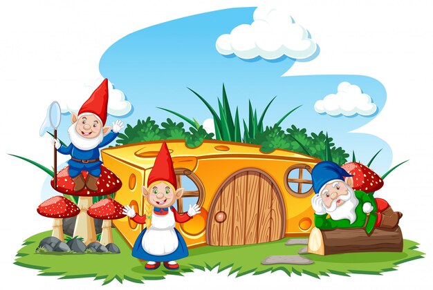 Casa de gnomos y queso en el jardín estilo de dibujos animados sobre fondo de cielo