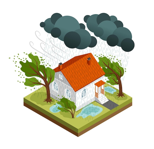 La casa grande isométrica aislada de composición de clima de tormenta está rodeada de fuertes vientos e ilustración de vectores de lluvia