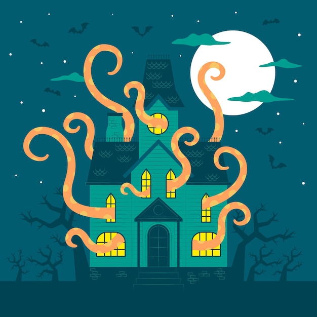 Casa de halloween de diseño plano con tentáculos