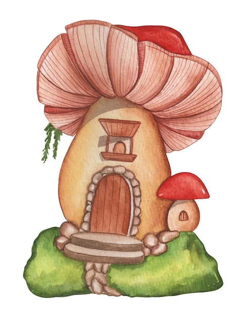 Vector gratuito casa de hongos mágicos acuarela dibujada a mano