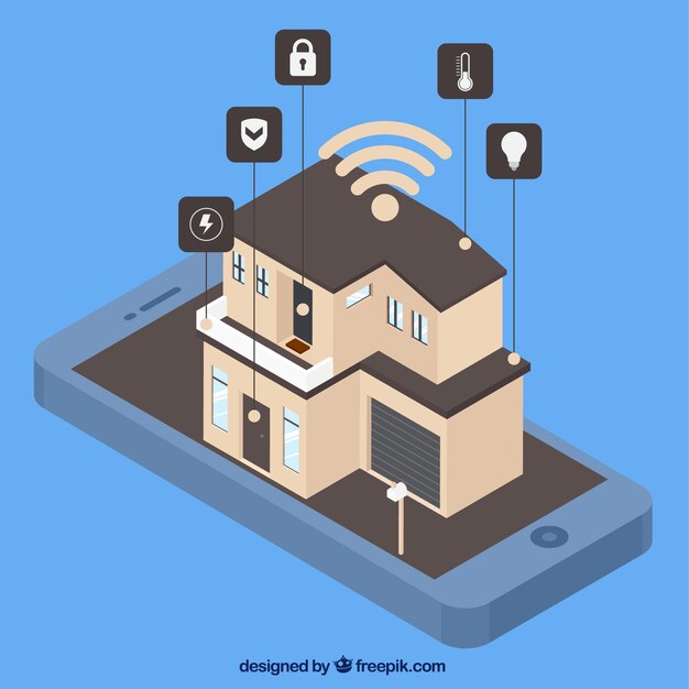 Casa inteligente con control de teléfono inteligente en estilo isométrico