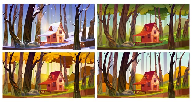 Casa de madera en el bosque en diferentes estaciones.