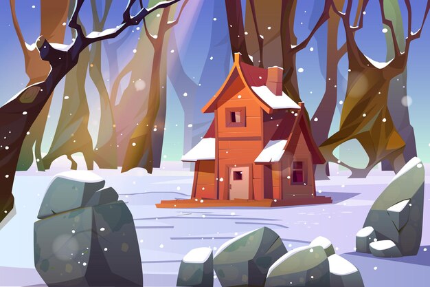 Casa de madera en bosque de invierno.