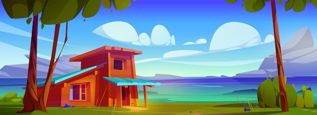 Vector gratuito casa de madera contra el lago y el paisaje montañoso ilustración de dibujos animados vectoriales de una vieja cabaña en mal estado con porche bajo árboles altos hierba verde y arbustos en las rocas de la orilla del río bajo un cielo azul con nubes