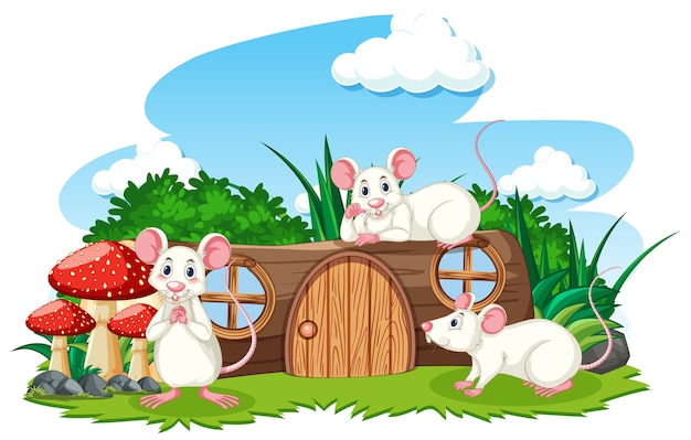 Casa de madera con estilo de dibujos animados de tres ratones sobre fondo blanco | Vector Gratis Casa de madera con estilo de dibujos animados de tres ratones sobre fondo blanco | Vector Gratis