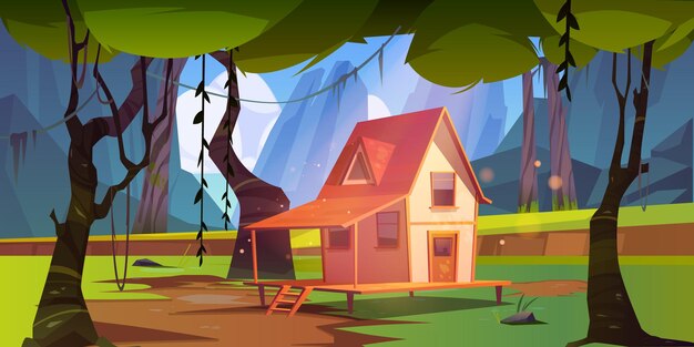 Casa de madera en selva con montañas.