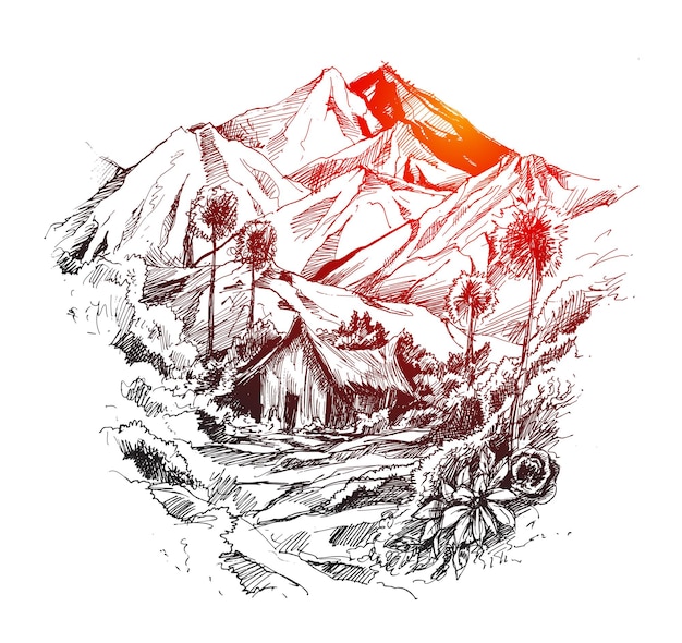 Casa en paisaje de montaña Ilustración de vector de boceto dibujado a mano