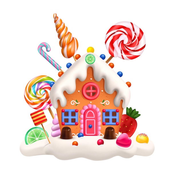 Vector gratuito casa de pan de jengibre dulce decorada con esmaltado blanco encima de piruletas rayadas y mermelada de frutas composición de dibujos animados ilustración vectorial realista