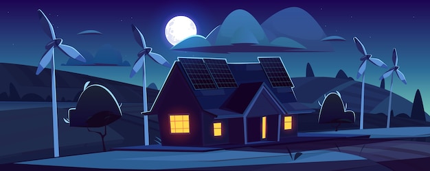 Casa con paneles solares en techo y turbinas eólicas en la noche. Generación de energía ecológica, concepto de energía verde. paisaje de dibujos animados con cabaña moderna, molinos de viento y luna en el cielo