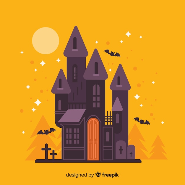 Casa plana de halloween en tonos de fondo naranja