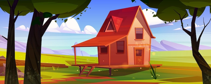 Vector gratuito casa de pueblo en valle de montaña con árboles.