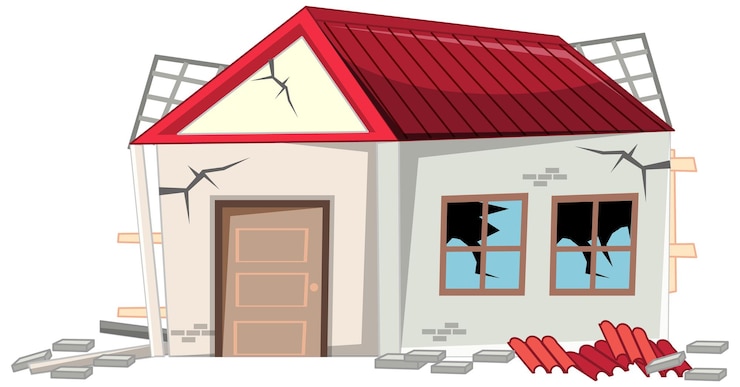 Vector gratuito casa rota dañada por el terremoto aislado sobre fondo blanco.