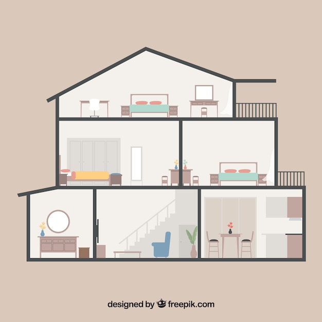 Vector gratuito casa con seis habitaciones en diseño plano