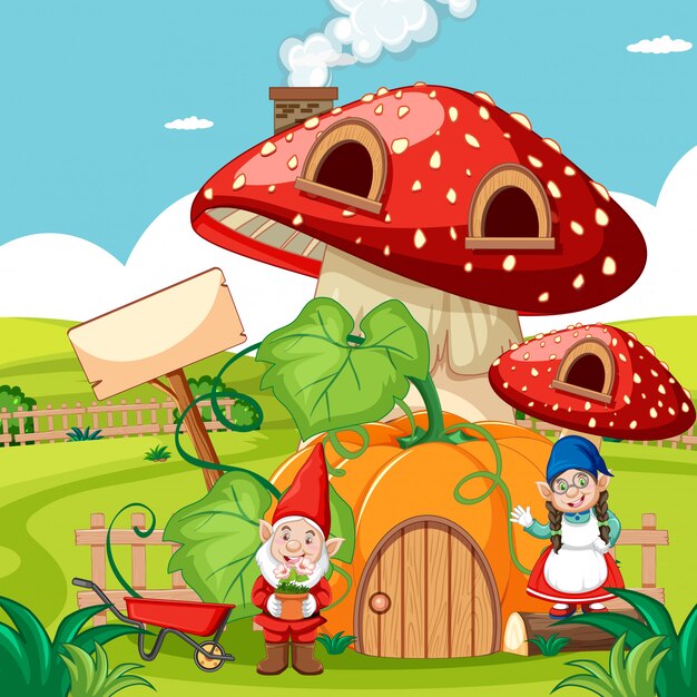 Casa de setas y gnomos de calabaza y en el jardín estilo de dibujos animados sobre fondo de jardín