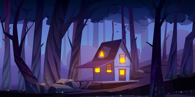 Casa sobre pilotes de madera mística, cabaña en el bosque nocturno