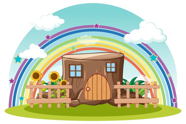 Casa de troncos de fantasía con arco iris en el cielo