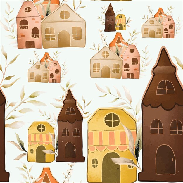 casa vintage dibujada a mano y hojas acuarela de patrones sin fisuras