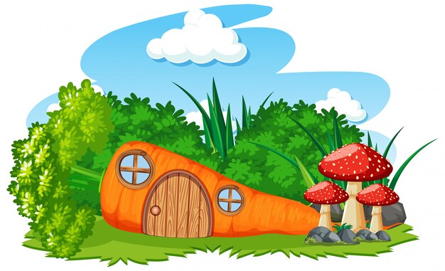 Casa de zanahoria con estilo de dibujos animados de setas sobre fondo de cielo
