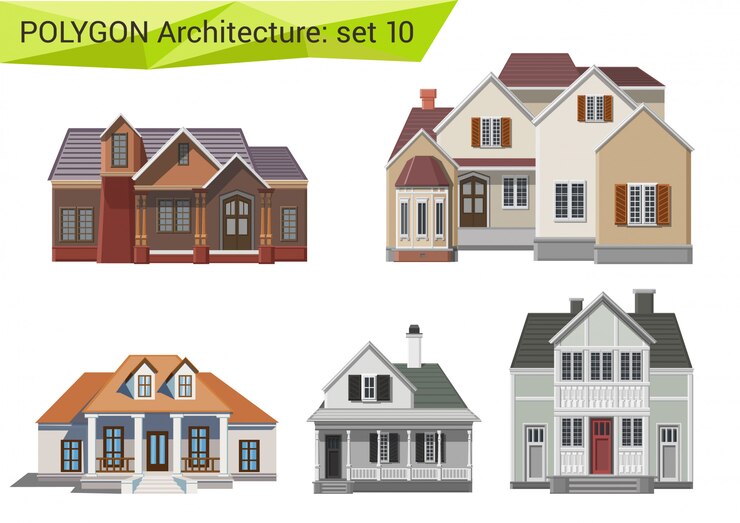 Vector gratuito casas de campo y suburbio y edificios de estilo poligonal.