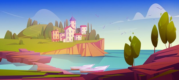 Casas de piedra del paisaje mediterráneo en la costa del mar con barcos amarrados, montañas y árboles verdes bajo un cielo azul claro. Paisaje panorama de verano, hermosa naturaleza escénica, ilustración vectorial de dibujos animados