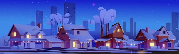 Vector gratuito casas suburbanas con nieve y decoración navideña.