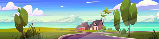 Casas suburbanas en vector de paisaje de naturaleza de verano