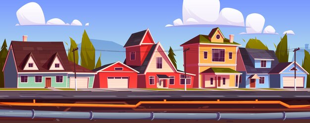 Casas de suburbio y tubería subterránea. Sistema de alcantarillado y plomería debajo de las calles de la ciudad.