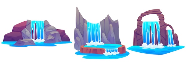 Cascada de agua desde el vector de dibujos animados de montaña