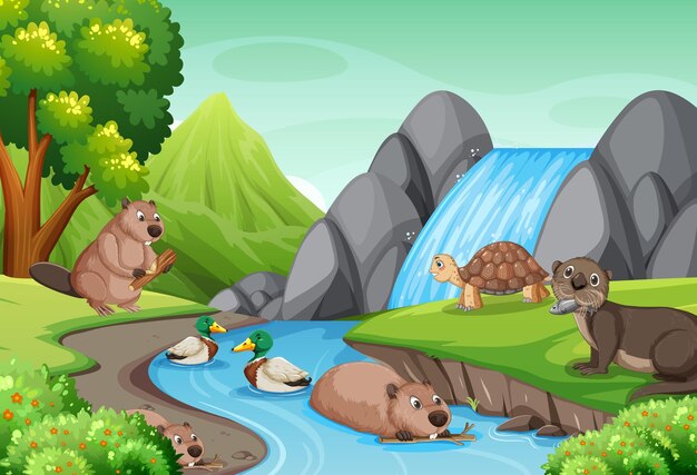 Cascada en el bosque con animales salvajes