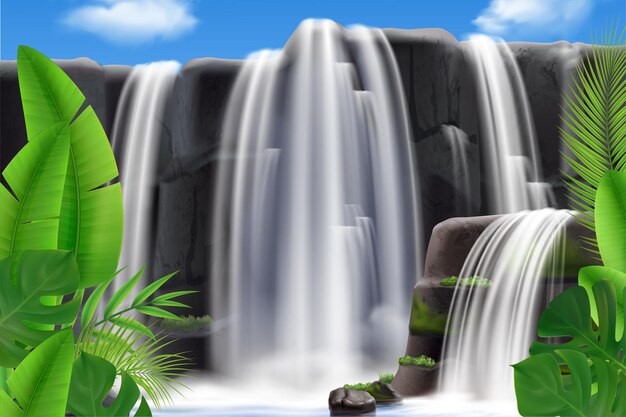 Cascada tropical realista con ilustración de hojas