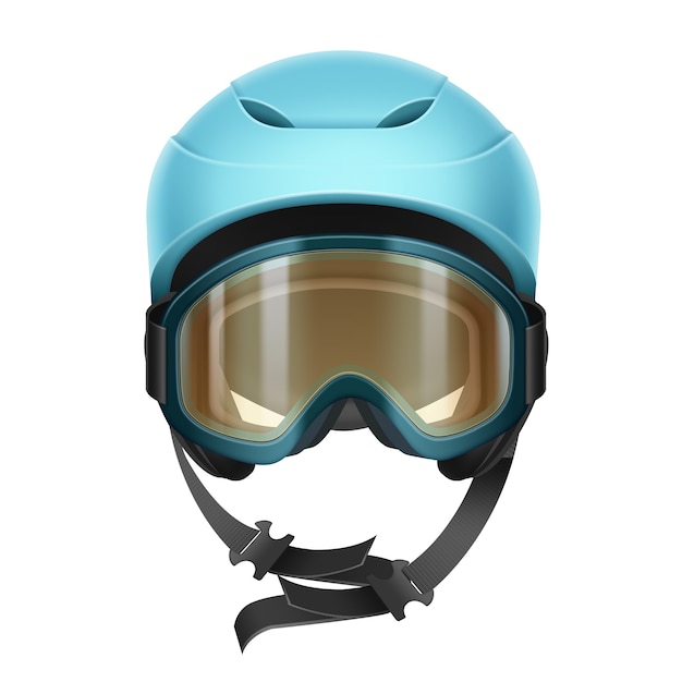 Casco protector vector azul con gafas naranjas para esquiar, hacer snowboard y otros deportes de invierno vista frontal aislado sobre fondo blanco.
