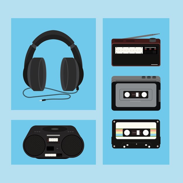 casetes de música e iconos de auriculares