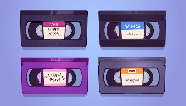 Vector gratuito casetes vhs, cintas antiguas para sistema de video doméstico y vcr. conjunto de dibujos animados de vector de casetes vintage