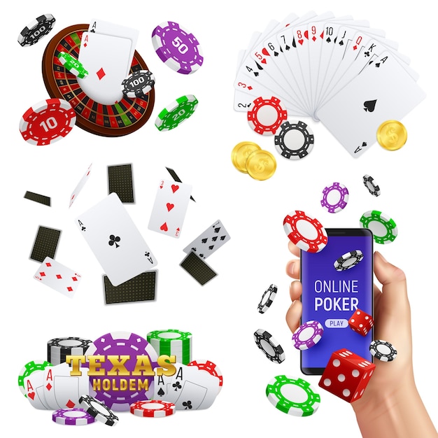 Casino club en línea conjunto realista con póquer y ruleta juego rueda tarjetas dados chips accesorios vector ilustración