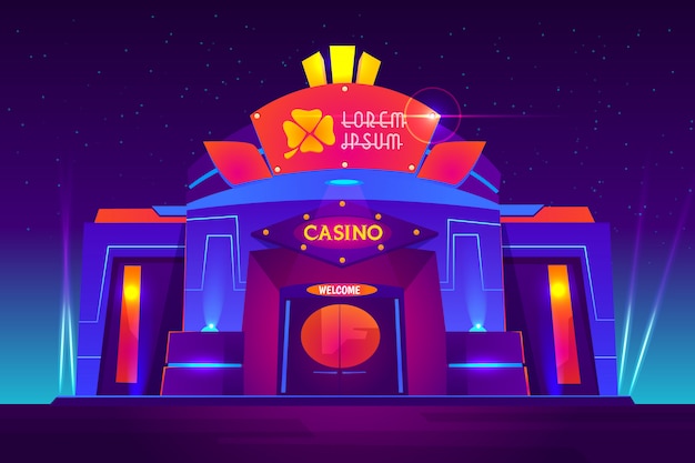 Vector gratuito casino exterior con luces de neón. casa de juego vista frontal con signo de trébol en la entrada