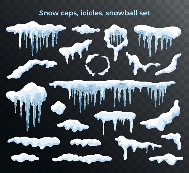 Casquetes de hielo de nieve carámbanos bolas de nieve tamaño formas variedades realista blanco azul conjunto oscuro fondo transparente ilustración vectorial