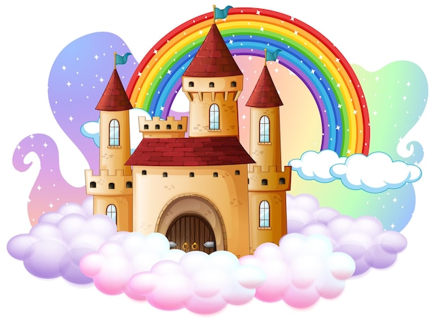 Castillo con arco iris en la nube aislada en blanco